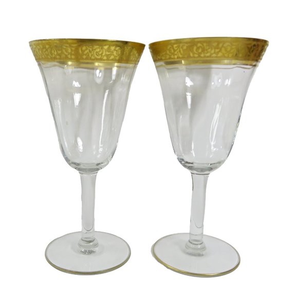 Vintage TWO (2) Tiffin? Minton? Gold Encrusted Band Clear Optic 6.75" Glasses - Picture 3 of 12